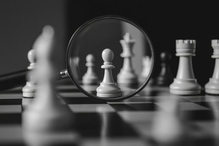 A pawn in focus on a chessboard, magnifying glass accentuates its strategic importanceの写真素材