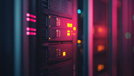 Close up of illuminated server rack in data center showcasing cloud computing and vpn technology