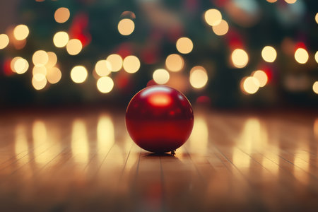 Striking red ball with blurry christmas bokeh in the backgroundの写真素材
