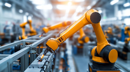 Robotic arms in modern factory advanced technology for welding and part connectivity
