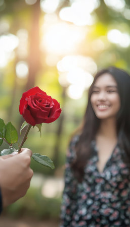 Romantic moment man presents a red rose to his partner during their outdoor leisure time togetherの素材