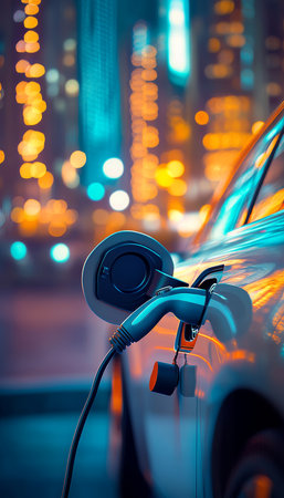 Close up of electric vehicle charging with blurred city lights, showing sustainable livingの写真素材