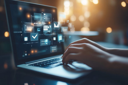 Professional remote work engaging with digital documents and technology on a touch screen laptop
