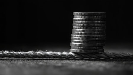 A creative depiction of financial stability coins balanced on a rope representing risk managementの写真素材