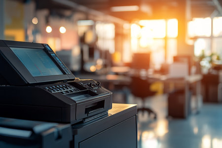 Advanced printing equipment showcasing efficient operations in a blurred office environmentの写真素材