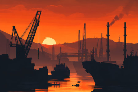 Silhouetted cranes and machinery at shipyard during dusk, capturing the beauty of sunset workの写真素材