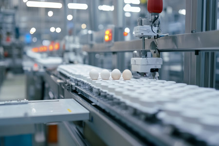 Automated egg production and packaging a captivating industrial scene of eggs on a conveyor beltの写真素材