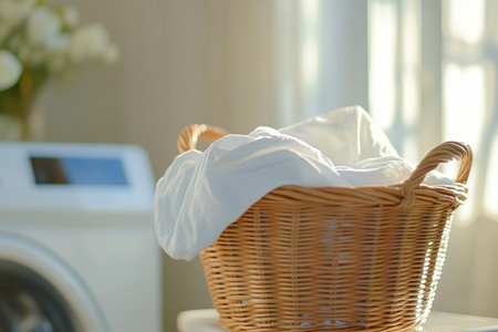 Wicker basket overflowing with crisp white lines next to a contemporary washing machineの写真素材