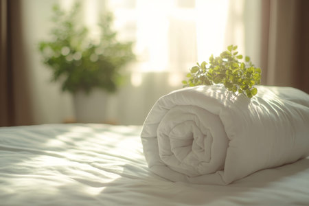 Rolled white duvet resting on a pristine white surface with a blurred green plant backdropの写真素材