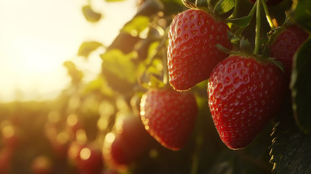 Charming closeup of juicy red strawberries on the vine bathed in warm sunlight with copy spaceの写真素材