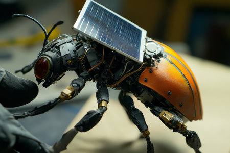 Close up of robotic hand attaching mini solar panel to robotic beetle in precise assembly processの写真素材