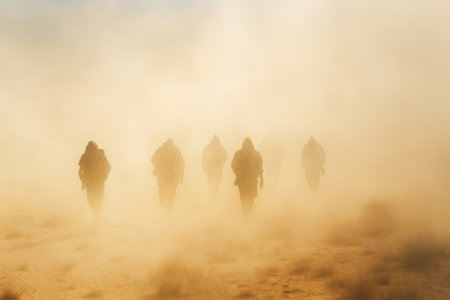 Group of people traversing a dust storm in an arid region, highlighting climate migration issues.の写真素材