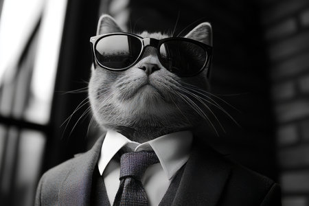 Stylish cat dressed in a suit and tie, rocking sunglasses for a fun and fashionable lookの写真素材