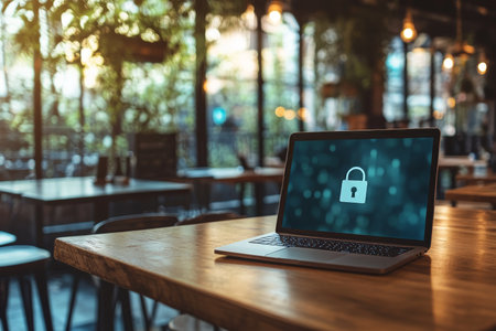 Cozy cafe ambiance laptop on wooden table with secure internet and locked screenの写真素材