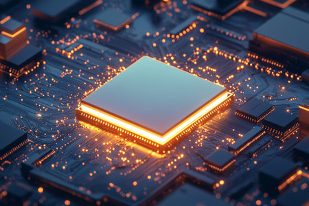 Futuristic 3d circuit board rendering featuring central oversized chip surrounded by chip smallers