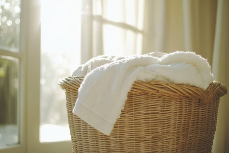 Wicker laundry basket filled with soft white towels in a bright, cozy home organization settingの写真素材