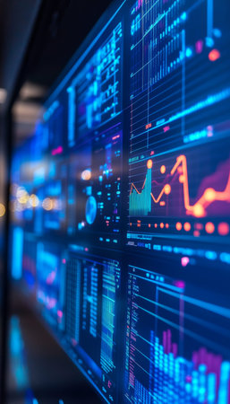 Stereoscopic data chart and detailed table displayed on a blue background for visual analysisの写真素材