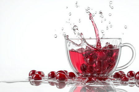 Refreshing cranberry juice poured into glass with fresh cranberries isolated on whiteの写真素材