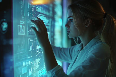 Woman engaging with a futuristic digital touch interface in a modern photography scene