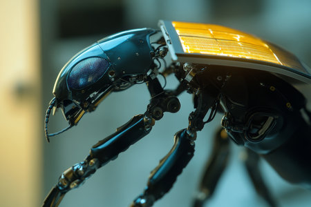 Intricate assembly a robotic hand attaches a mini solar panel to a robotic beetle s backの写真素材