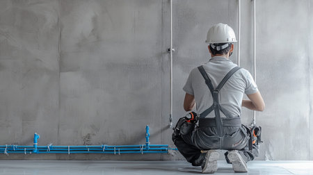 Engineer in work attire fixing water pipe at home with blue pipes against gray concrete wall