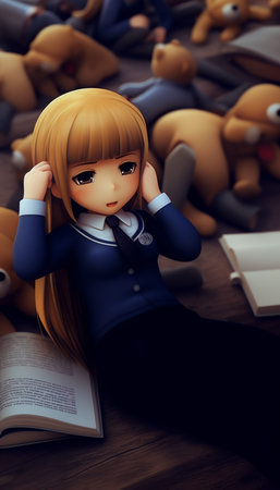 Tired anime student deeply engrossed in study, capturing the essence of scholarly fatigueの写真素材