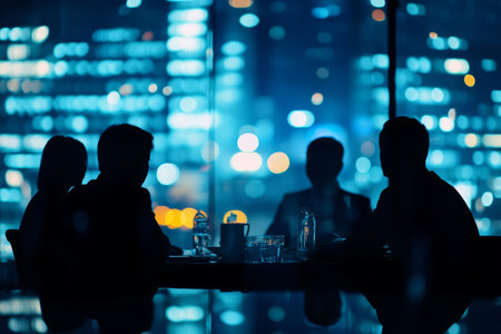 Silhouetted business team collaborating at night over a cityscape with bokeh effect and blue themeの写真素材
