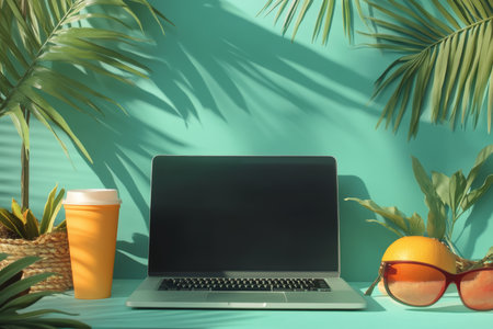 Blank screen laptop symbolizing summer remote work and freelance lifestyle in technologyの写真素材