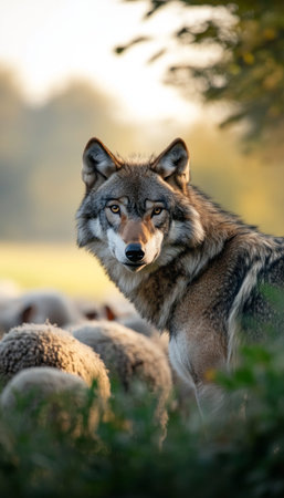 A wolf stealthily observing a flock of sheep in a tranquil countryside during golden hour light