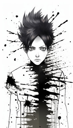 Striking monochrome anime portrait featuring ink splatter effects and a powerful expressionの写真素材