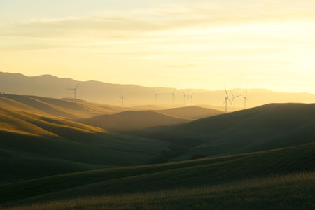 Breathtaking sunrise over hills featuring a cluster of windmills in a picturesque landscapeの写真素材