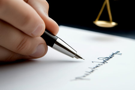 Close up of hand signing document with pen in office, symbolizing justice and legal authority