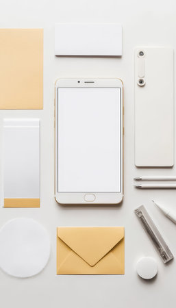 Smartphone mockup setup overhead view of phone with supplies and blank paper on white tableの写真素材