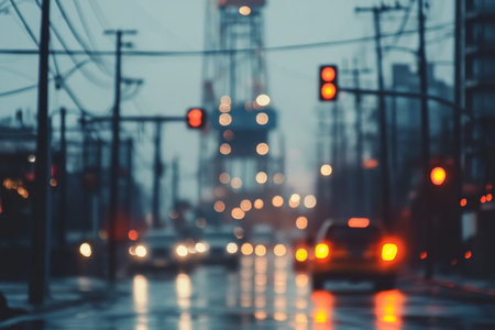 Blurry urban scene featuring a city streetの写真素材