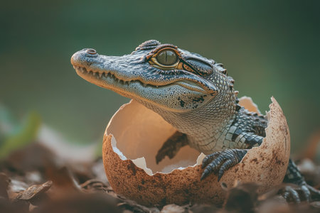 Newborn crocodile hatching from egg, showcasing the marvels of wildlife birth and reptile life cycleの写真素材