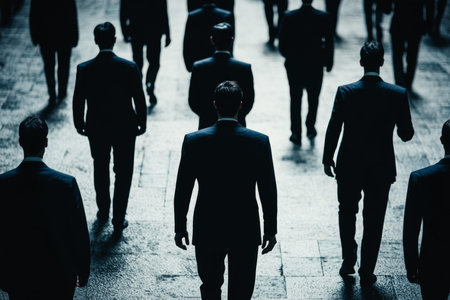 A gathering of enigmatic figures in suits exploring themes of connection and financial controlの写真素材