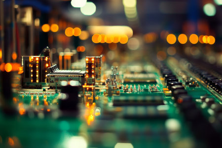 Vivid image of olive green electronic component assembly line showcasing precision in productionの写真素材