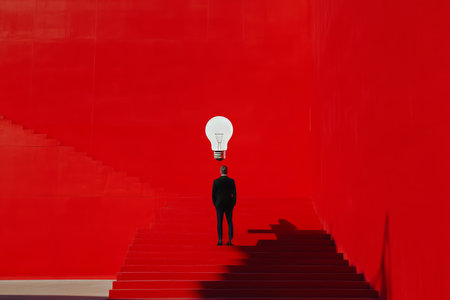 Businessman on red stairs holding light bulb, representing ideas and innovation in businessの写真素材
