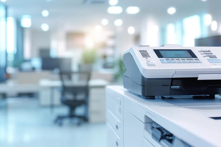 Advanced printing equipment in a blurred office background, highlighting operational efficiencyの写真素材