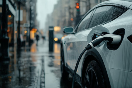 Close up of a white electric car charging in a rainy urban setting with vibrant city backdropの写真素材