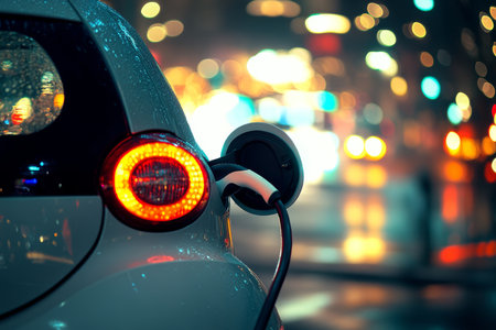 Close up of an electric vehicle charging with blurred city lights, showing sustainable livingの写真素材