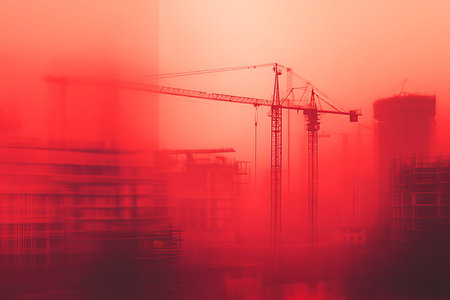 Blurry construction site with cranes against a red gradient sky and minimalist background