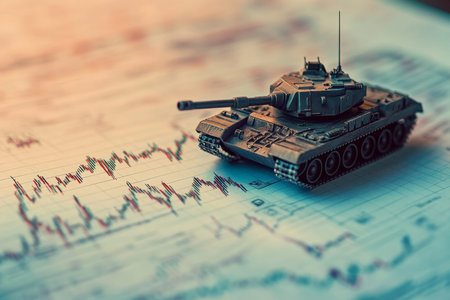 Miniature battle tank superimposed on stock market charts representing financial warfare