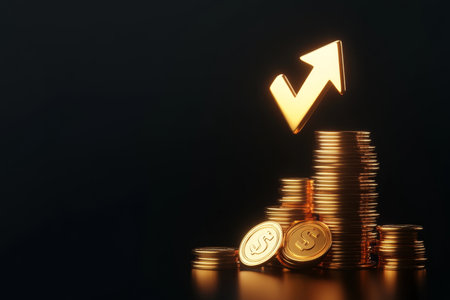 3d upward arrow icon with gold coins and plus sign on black background for business growth strategyの写真素材