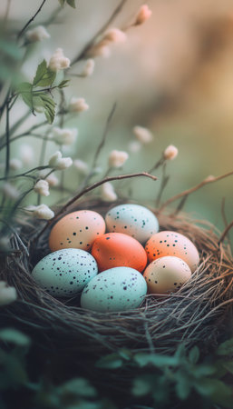 A cozy nest of colorful eggs illuminated by gentle light celebrating the joy of easter's arrival