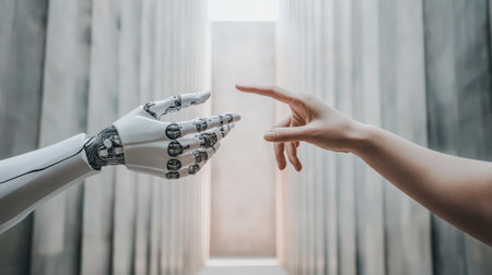 Robotic hands reaching together, symbolizing the future of ai and machine learning technologyの写真素材