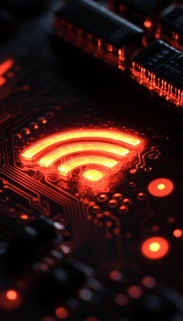 Illuminated wifi icon on a circuit board a captivating fusion of technology and designの写真素材