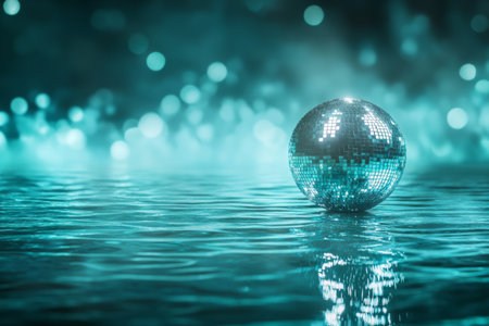Aquamarine festive backdrop with shimmering disco ball on reflective green surface for eventsの写真素材