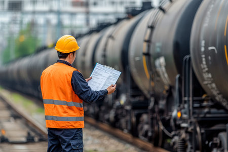 Engineer reviewing hazardous material checklist with freight tanker in industrial safety setting