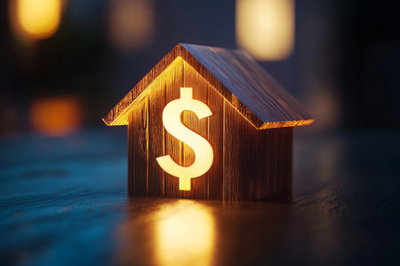 Wooden house symbolizing real estate investment with dollar sign and glowing financial growth barsの写真素材